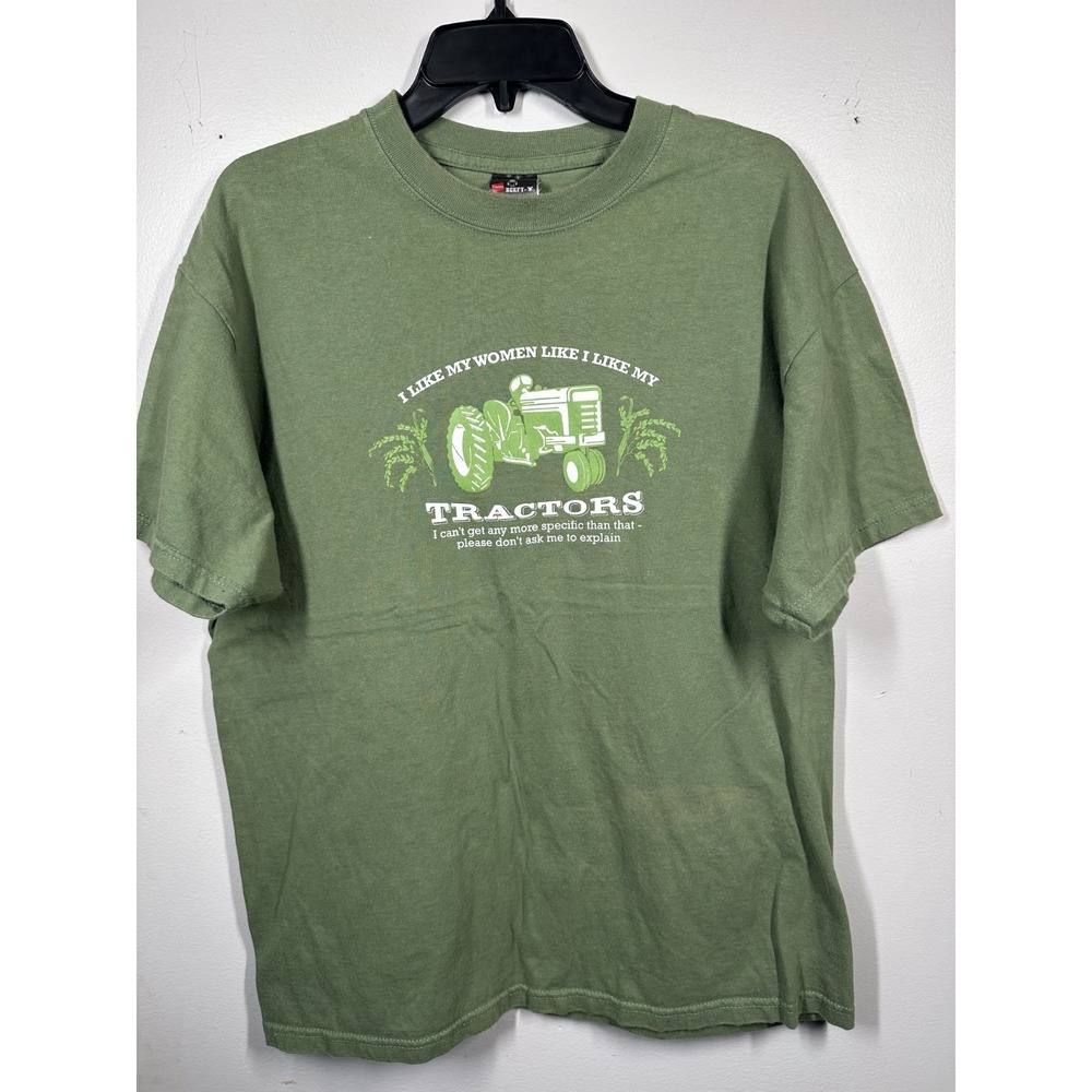 Hanes Beefy-T Large Mens T-Shirt Green Tractors Short Sleeve 100% Cotton Farmer